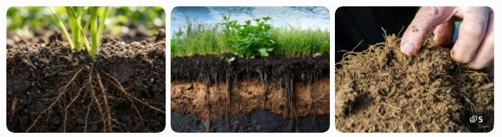 Healthy fertile soil enriched with organic matter. Plant roots growing through nutrient-rich soil.