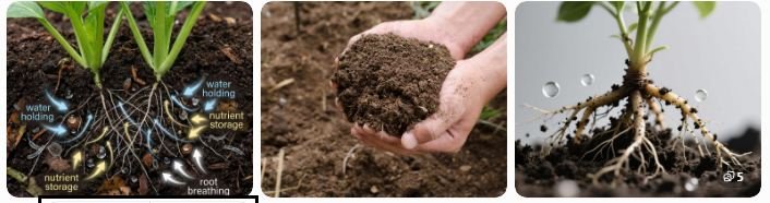 Moist soil holding water around healthy roots. Organic-rich soil with improved moisture retention.