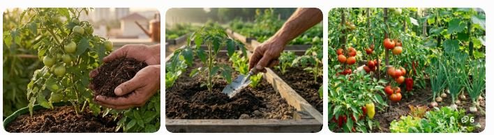 Tomato plants growing in healthy organic soil. Vegetable garden with vigorous plant growth.