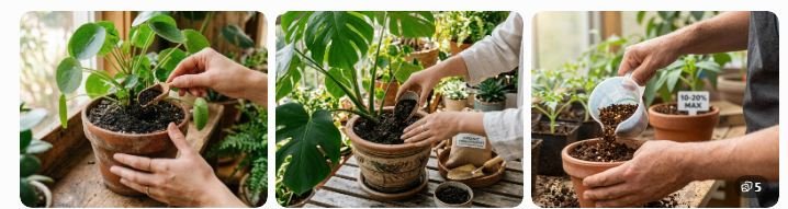Applying vermicompost around a potted plant. Organic top dressing for healthy plants.